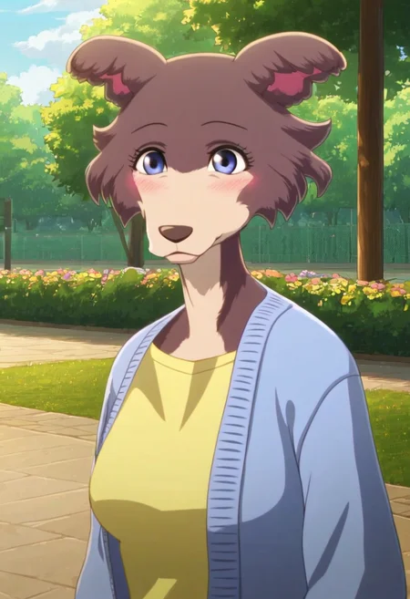 score_9, score_8_up, score_8, score_7_up, score_7, score_6, sidelighting, volumetric lighting, ray tracing, detailed lighting, subsurface scattering, (masterpiece, best quality), very aesthetic, source_furry, solo, cute, blush, cute pose, juno, wolf girl, brown-purple fur, blue eyes, wolf tail, blue cardigan, yellow t-shirt, jeans, <lora:JunoUpdated:1>, outdoors, (upper body, face focus, close, looking at viewer, walks to viewer, walking in the park:1.2), park background, evening, flowers, ultra-detailed, absurdres, depth of field, blurry background, cute smile, 1girl, (girly:1.2), (fullfigured ,voluptuous:1.4), medium breasts, round breasts, perky breasts, detailed fur, Expressiveh, <lora:Expressive_H:0.8>, <lora:Detail_Slider_v1.4_iteration_3:4>