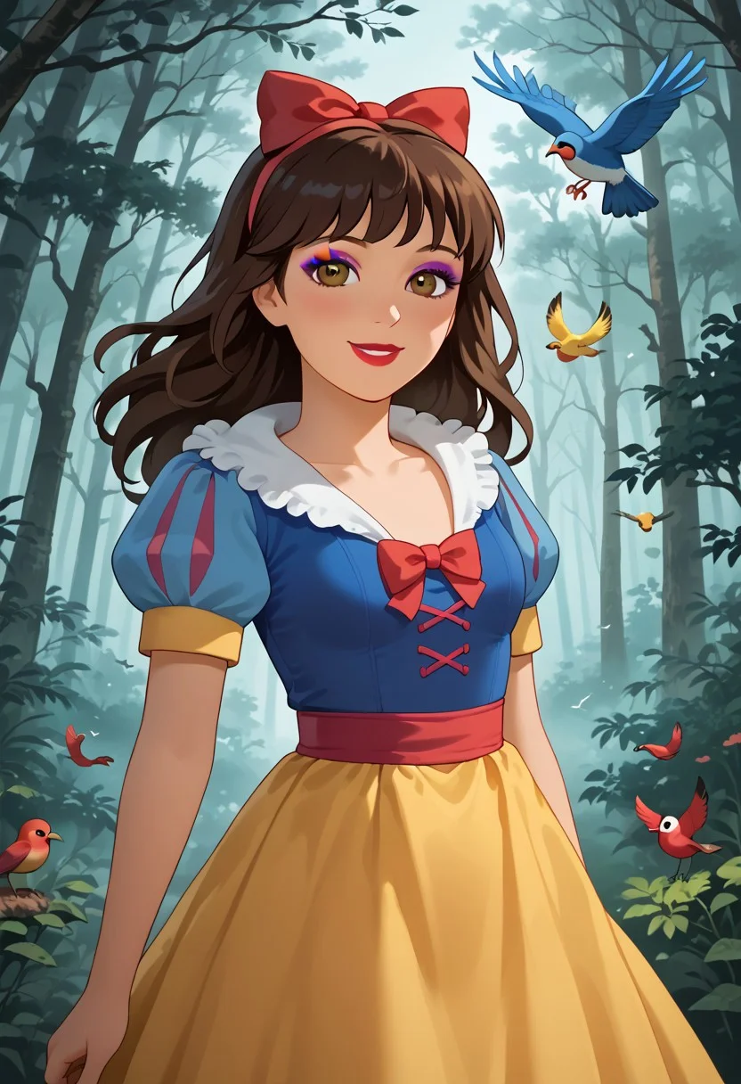 score_9, score_8_up, score_7_up, 1girl, solo, dora_af, (adult body:1.2), adult face, perfect eyes, slim body, mediunm perky breasts, small butt, narrow waist, narrow hips, dark-skinned female, brown hair, long hair, , makeup, eyeshadow, eyeliner, lipstick, shy smile, snow white cosplay, snow white (disney) (cosplay), cosplay, dress, hair bow, puff and slash sleeves, puffy short sleeves, puffy sleeves, red bow, short sleeves, skirt, yellow skirt, posing sensually, forest, animals around, birds flying.
