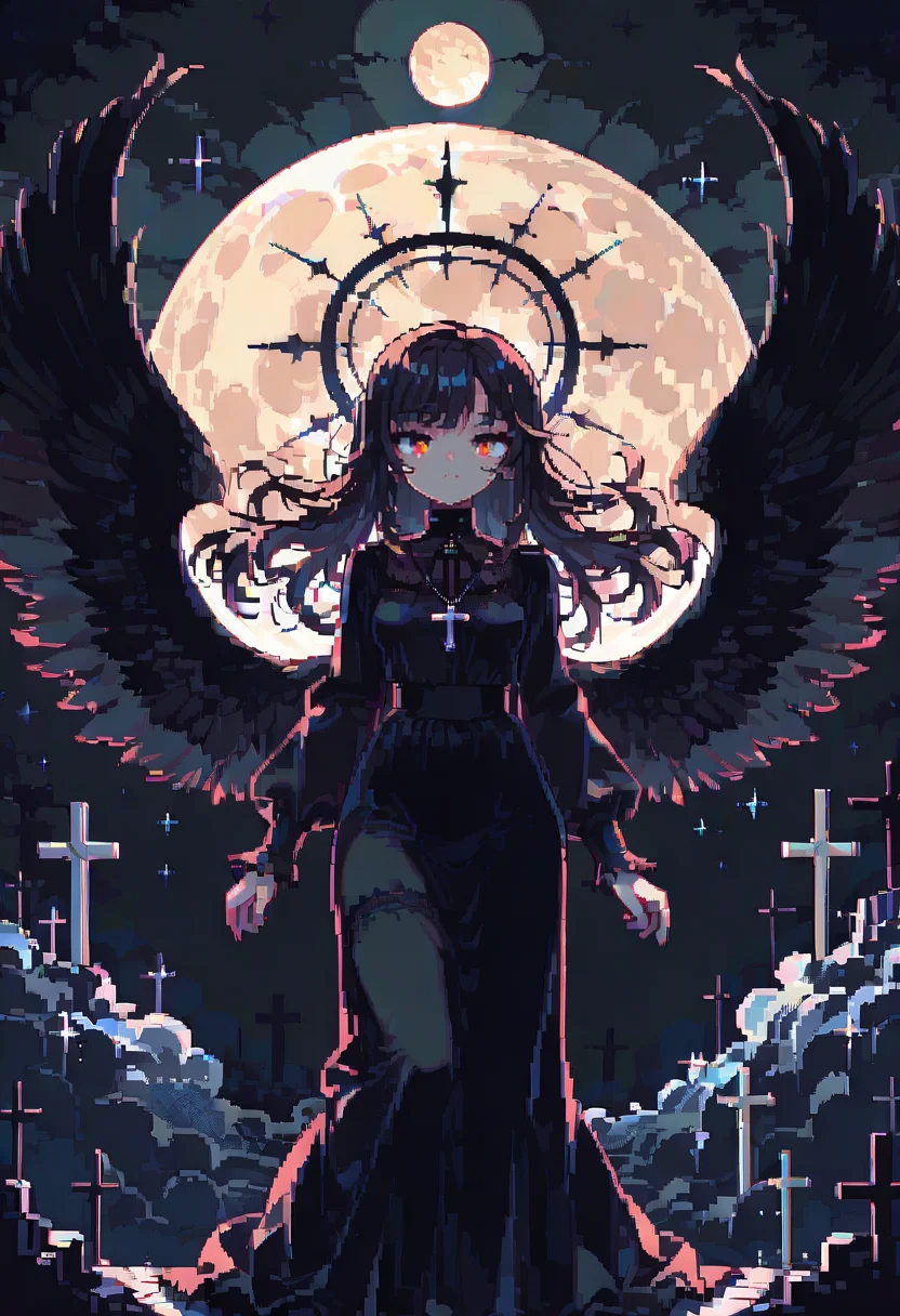 dpa,pixel art, 1girl, solo, halo, long hair, red eyes, wings, cross, dress, black hair, moon, black dress, black wings, looking at viewer, long sleeves