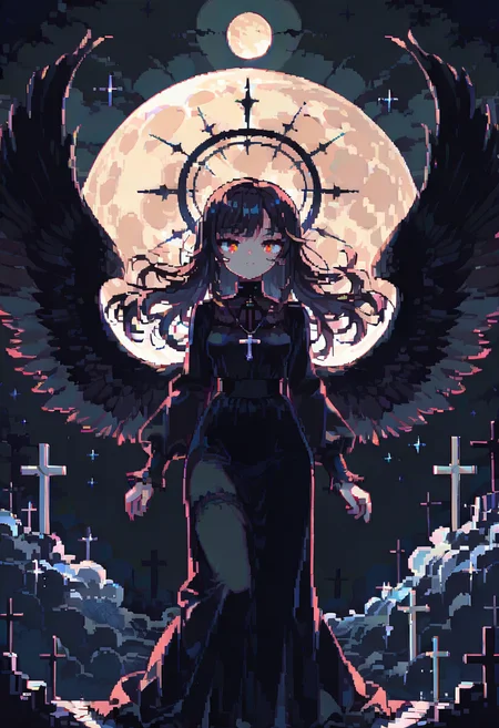 dpa,pixel art, 1girl, solo, halo, long hair, red eyes, wings, cross, dress, black hair, moon, black dress, black wings, looking at viewer, long sleeves