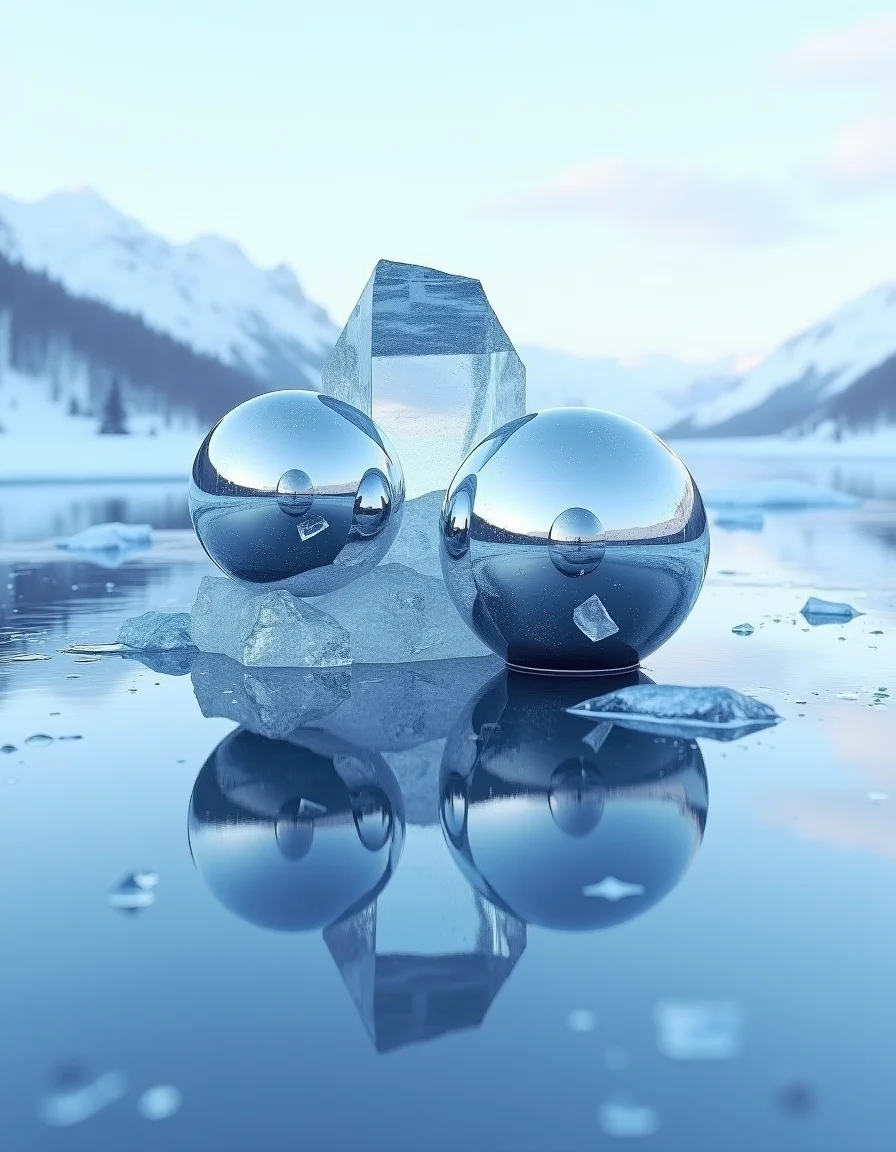 this is formed mercury mirrored spheres embedded in quartz formation in a frozen lake with crystal ice, magnificent abstract modern polarity