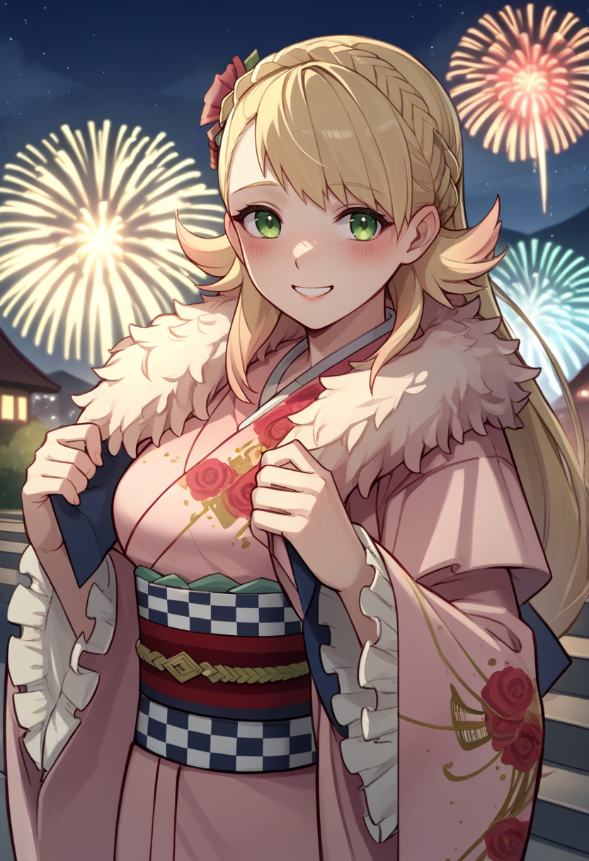 score_9, score_8_up, score_7_up, source_anime BREAK 1girl, solo, <lora:sharena-fe-richy-v1_pdxl:1> sharenany, green eyes, blonde hair, long hair, pink kimono, sash, fur trim, floral print, hair flower, blush, fireworks, dark, darkness, night, night sky, smile