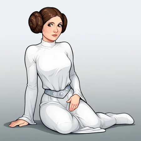 score_8_up, BREAK, princessleia, 1girl, solo, brown hair, hair buns, brown eyes, white dress, long sleeves, belt, full body, sitting on floor, gradient background, <lora:PrincessLeia_PXL_Leaf1:1>