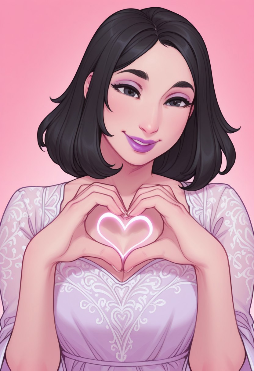 ,  1girl, solo, medium build, medium hair, sfw, safe for work, covered skin, flowy dress,  black eyes, purple lipgloss, smiling, portrait, upper body, heart hands, foreshortening, detailed, newest, fizzz