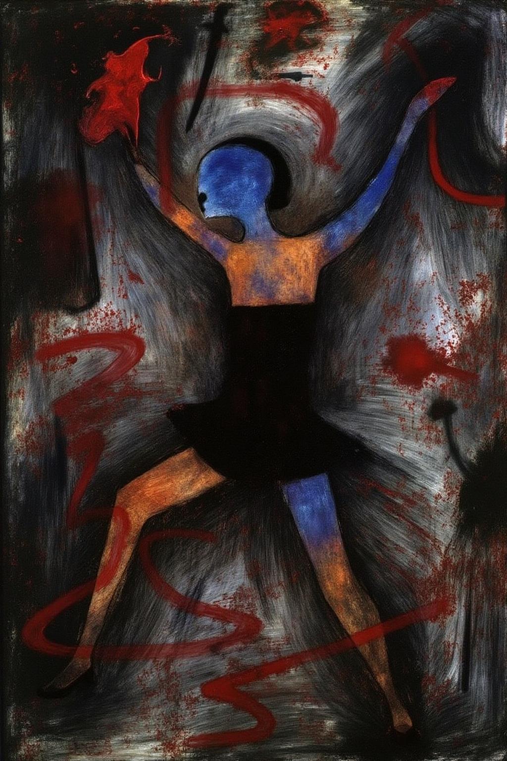 paulklee1 painting. Chenu1. chenu1 illustration.
A dancer in a dynamic pose, wearing a minimalist black outfit. Her body is illuminated with a blend of blue and warm tones, contrasting against a chaotic and abstract background of bold, sweeping strokes in black, white, and deep red. Red splatters and sharp, curving lines add energy and tension to the composition, creating a balance between elegance and raw, expressive movement.  <lora:paulklee1_cap_d8a4e12:1.0><lora:839870912166770966:0>