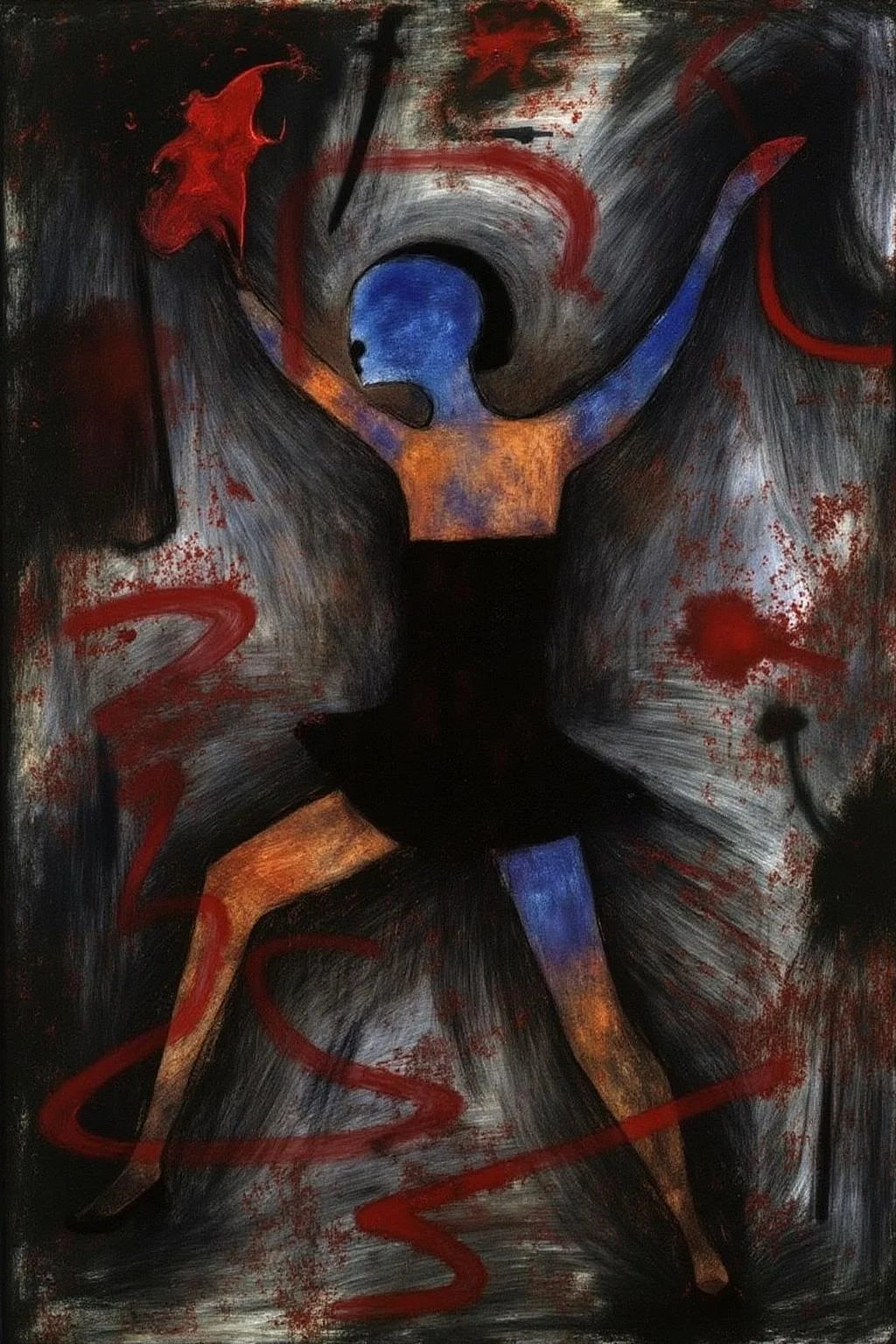 paulklee1 painting. Chenu1. chenu1 illustration.
A dancer in a dynamic pose, wearing a minimalist black outfit. Her body is illuminated with a blend of blue and warm tones, contrasting against a chaotic and abstract background of bold, sweeping strokes in black, white, and deep red. Red splatters and sharp, curving lines add energy and tension to the composition, creating a balance between elegance and raw, expressive movement. <lora:paulklee1_cap_d8a4e12:1.0><lora:839870912166770966:0>