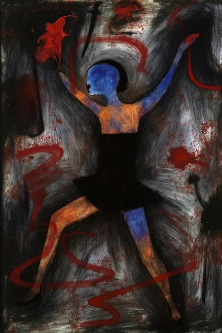 paulklee1 painting. Chenu1. chenu1 illustration.
A dancer in a dynamic pose, wearing a minimalist black outfit. Her body is illuminated with a blend of blue and warm tones, contrasting against a chaotic and abstract background of bold, sweeping strokes in black, white, and deep red. Red splatters and sharp, curving lines add energy and tension to the composition, creating a balance between elegance and raw, expressive movement. <lora:paulklee1_cap_d8a4e12:1.0><lora:839870912166770966:0>