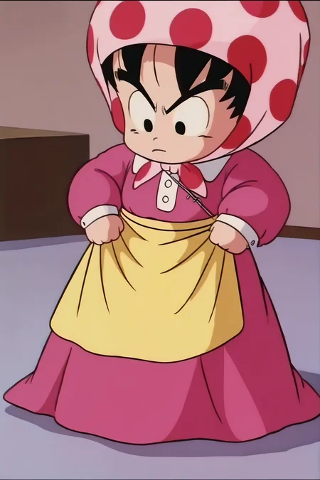 source_anime, score_9, score_8_up, score_7_up, anime screencap,8k, absurd res, son goku, solo, black hair, long sleeves, 1boy, pink dress, male focus, black eyes, apron, v-shaped eyebrows, frown, polka dot, shawl, clothes grab, child, crossdressing, male child, yellow apron, looking down, 1980s \(style\), chibi, nyoibo, weapon on back, retro artstyle
<lora:gokudb_pony_v3:0.8>
