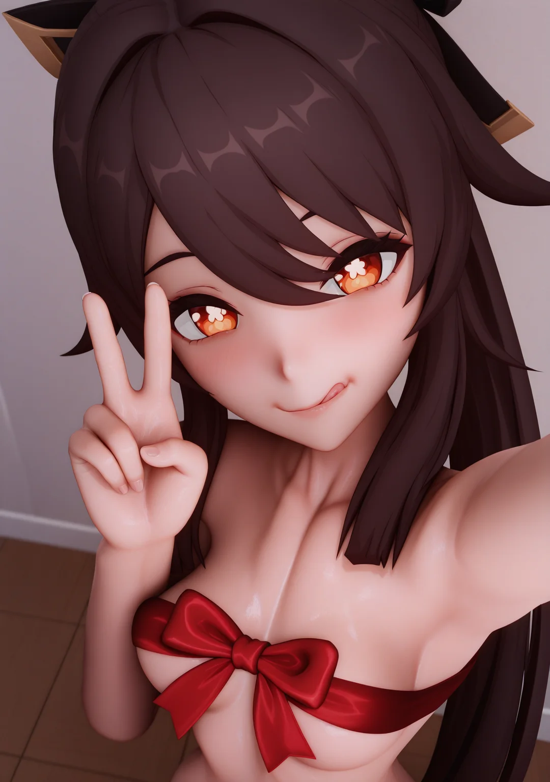 masterpiece,best quality,amazing quality,3d,
1girl,<lora:vicinekosty:1>,vicinekosty,upper body,(hu tao \(genshin impact\):0.5),selfie,licking lips,from above,ribbon,naked ribbon,V,