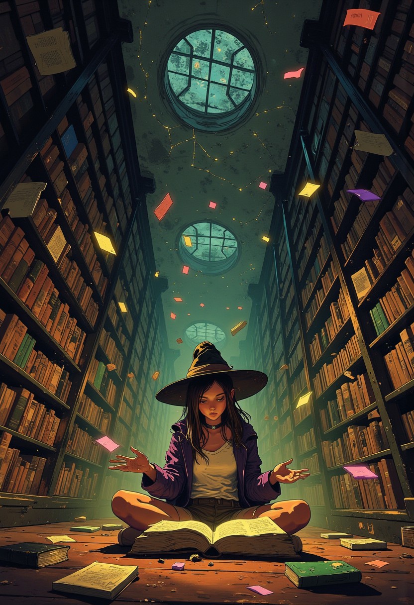 A quiet, dimly lit library that seems to stretch endlessly in all directions, with towering bookshelves filled with ancient, leather-bound tomes and delicate, dust-covered volumes. Soft, golden light filters down from high, arched windows, casting long, warm beams across the rows of books, illuminating tiny particles of dust that float lazily in the air. At the centre of the scene, a young witch girl sits cross-legged on the wooden floor, wearing witch  hat, brown shorts, roll out shorts, white shirt, untucked shirt, dark purple jacket. Her hair falls loosely over her shoulders as she leans forward, deeply absorbed in a thick, weathered book that lies open on her lap. The faint glow from the pages reflects onto her face, giving her an almost ethereal radiance, as if the book itself holds some kind of hidden magic. Surrounding her, books begin to float gently off the shelves, hovering in mid-air as though curious about her presence. Each book emits a soft, colorful glow one in shades of emerald green, another in twilight purple, and others in warm, golden hues casting a gentle, shifting light across the room. The soft sound of fluttering pages fills the air, blending with the faint echoes of whispered voices from forgotten stories. High above, faint constellations appear on the domed ceiling, shifting slowly as if the library exists under an stars night sky. The atmosphere is one of quiet wonder,
