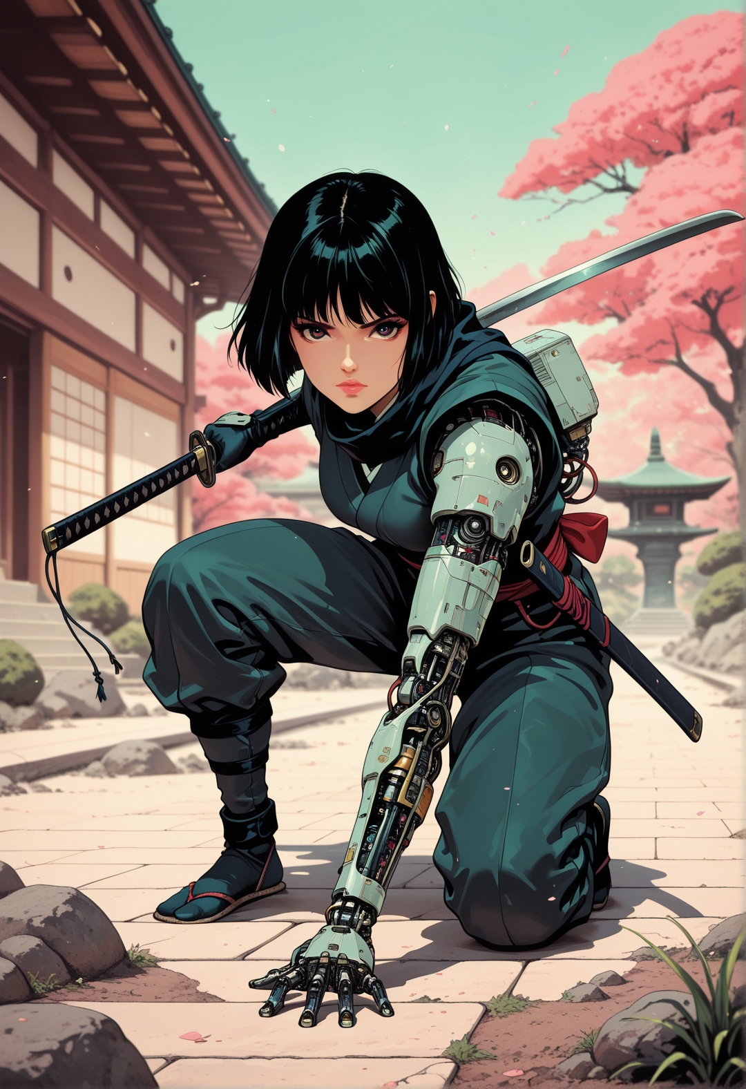 <lora:ck-shadow-circuit-IL:0.60>,
masterpiece, best quality, good quality, very aesthetic, absurdres, newest, 8K, depth of field, focused subject,
dynamic angle, a ninja, 1girl, fighting stance, wielding a katana with mechanical parts at the viewer,, japanese garden, sci-fi, illustration, retro
<lora:MoriiMee_Gothic_Niji_Style_Illustrious_r1:0.30>
<lora:ck-nc-cyberpunk-IL-000011:0.30>
 <lora:ck-70s-scifi-IL:0.80>