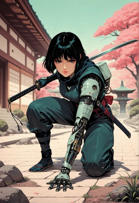 <lora:ck-shadow-circuit-IL:0.60>,
masterpiece, best quality, good quality, very aesthetic, absurdres, newest, 8K, depth of field, focused subject,
dynamic angle, a ninja, 1girl, fighting stance, wielding a katana with mechanical parts at the viewer,, japanese garden, sci-fi, illustration, retro
<lora:MoriiMee_Gothic_Niji_Style_Illustrious_r1:0.30>
<lora:ck-nc-cyberpunk-IL-000011:0.30>
<lora:ck-70s-scifi-IL:0.80>