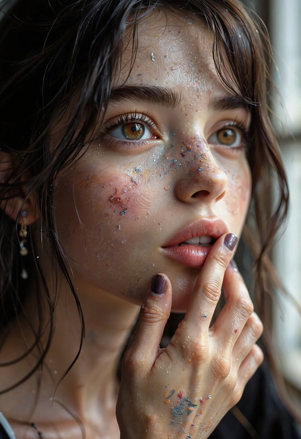 A closeup portrait of a young artist with a smudge of charcoal on her cheek and a thoughtful expression. Her fingers, lightly touching her face, are stained with colors, hinting at a life immersed in creativity. Her deep, soulful eyes are filled with emotion as she looks past the camera, lost in thought. Natural light from a nearby window casts a soft glow across her features, adding warmth and depth. Shot with a Hasselblad camera and shallow depth of field, the background fades, creating a focus on her intense, expressive features and the subtle artistry that defines her<lora:Flux.1_Turbo_Detailer.safetensors:0.75:0.75>