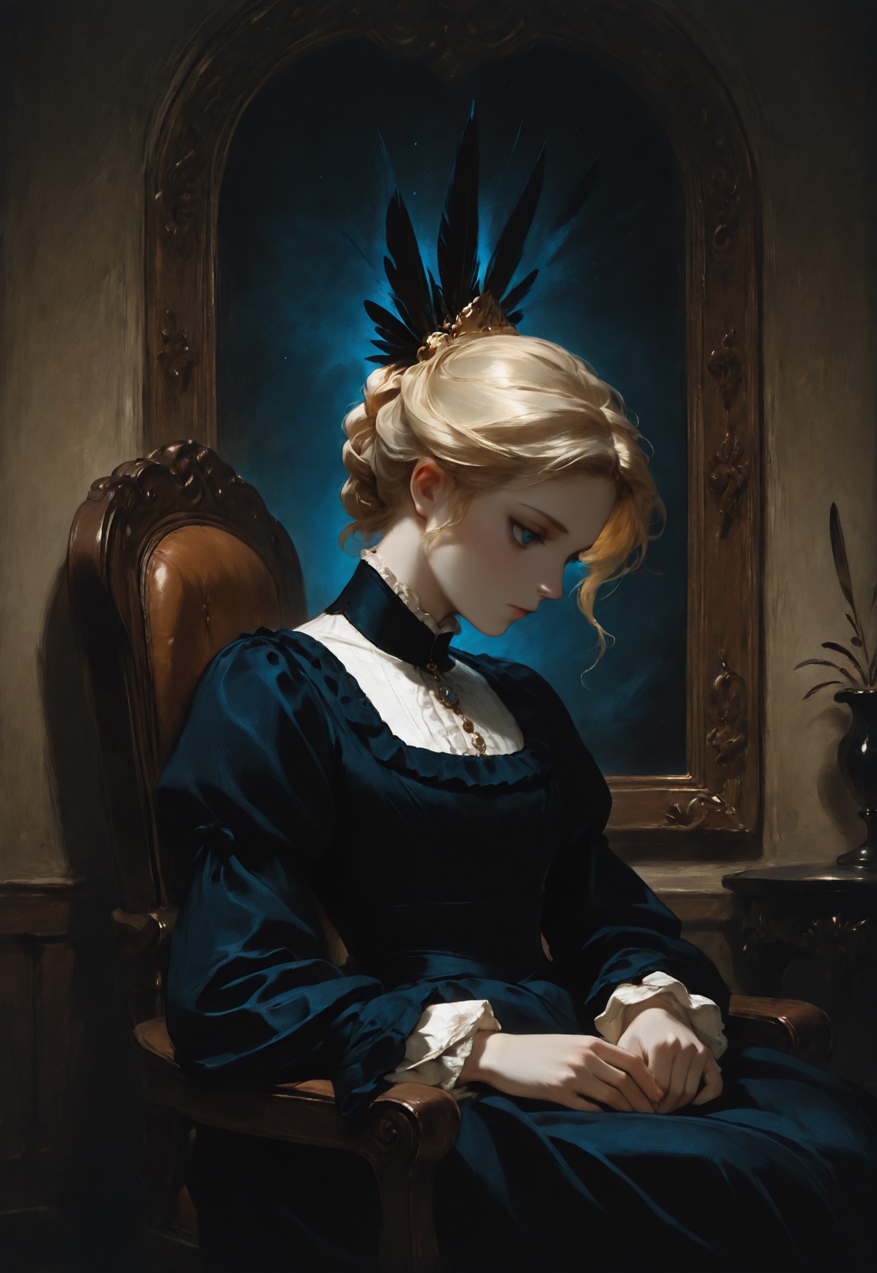 mgh2, 1girl, solo, sitting, chair, dress, blue eyes, feathers, black dress, blonde hair, tied hair, victorian, long sleeves, hair ornament, closed mouth, chiaroscuro, mysterious, detailed art, masterfully drawn, masterpiece, amazing quality, beautifully painted, elegantly detailed, very aesthetic