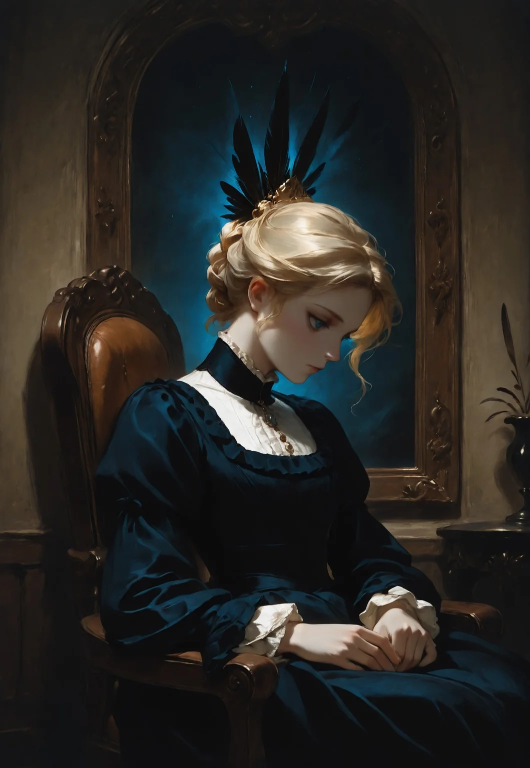 mgh2, 1girl, solo, sitting, chair, dress, blue eyes, feathers, black dress, blonde hair, tied hair, victorian, long sleeves, hair ornament, closed mouth, chiaroscuro, mysterious, detailed art, masterfully drawn, masterpiece, amazing quality, beautifully painted, elegantly detailed, very aesthetic