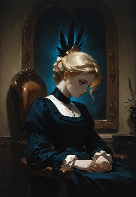 mgh2, 1girl, solo, sitting, chair, dress, blue eyes, feathers, black dress, blonde hair, tied hair, victorian, long sleeves, hair ornament, closed mouth, chiaroscuro, mysterious, detailed art, masterfully drawn, masterpiece, amazing quality, beautifully painted, elegantly detailed, very aesthetic