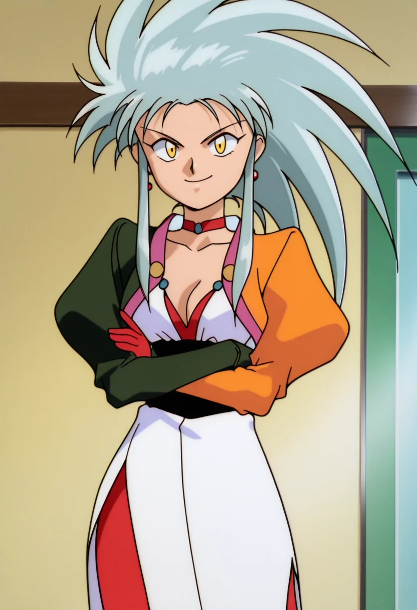 absurdres, masterpiece, best quality, very aesthetic, anime screencap, 1girl, solo, ry0, grey hair, spiked hair, long hair, sidelocks, yellow eyes, single earring, ry0whiteoutfit, white dress, red choker, cleavage, shrug \(clothing\), juliet sleeves, mismatched sleeves, black sash, red bodystocking, side slit, looking at viewer, indoors, crossed arms, smile, v-shaped eyebrows, <lora:Ryoko_Tenchi-Muyo_ilibibu_IL-v2:1>