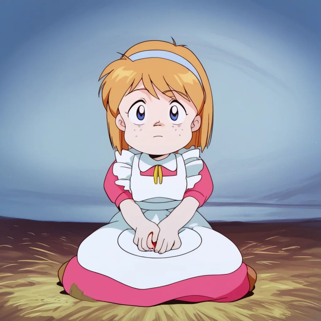 score_9, solo, marie_ec, blue eyes, freckles, short hait, hairband, dress, apron, sitting, apple