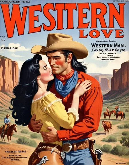 hud_plp_mag, (english text title, "WESTERN LOVE"), woman with long black hair embracing a cowboy man, love, retro artstyle, magazine cover, parody, <lora:pulp_mag_xl:0.6>,