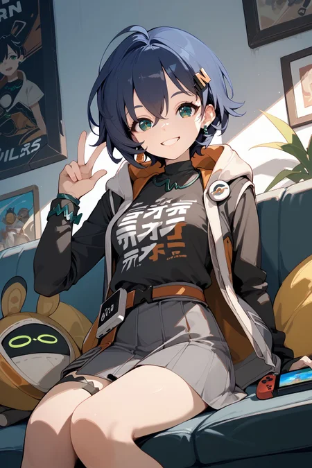 score_9, score_8_up, score_7_up, source_anime, 8k hd, uncesored, 1girl, Belle_(Zenless_Zone_Zero), green eyes, blue hair, short hair, ahoge, medium breasts, hair ornament, earrings, black shirt, open jacket, single thighhigh, grey skirt, shirt tucked in, belt, hood down, single glove, clothes writing, bright smile, happy, sitting, gaming, playing video games, holding controller, nintendo switch controller, v, looking at viewer,
<lora:ZenlessZoneZero_Belle_ShadowxArt:1.0>