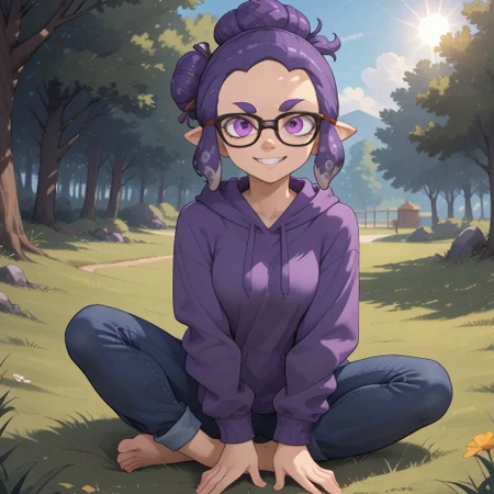 score_9, score_8, BREAK, solo, splatoon, inkling, female inkling, 1girl, tentacle hair, purple hair, single hair bun, purple eyes, glasses, cute, purple eyebrows, purple hoodie, purple jeans, barefoot, breasts, Jeanette_Romero_(\OC_Inkling\), sexy pose, self portrait, smile, outdoors, sunlight, shadows, evening lighting, natural lighting, forest, trees, grass, orange sky, sunset, sitting, feet, soles