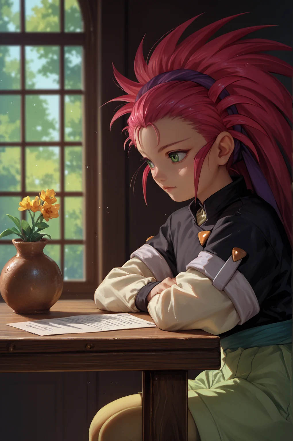 score_9, score_8_up, score_7_up, score_6_up, score_5_up, score_4_up, (high quality, detailed, beautiful)  <lora:WashuuV5_epoch_9:0.99> hakubi_washuu, std_outfit, cowboy_shot, sitting, table,