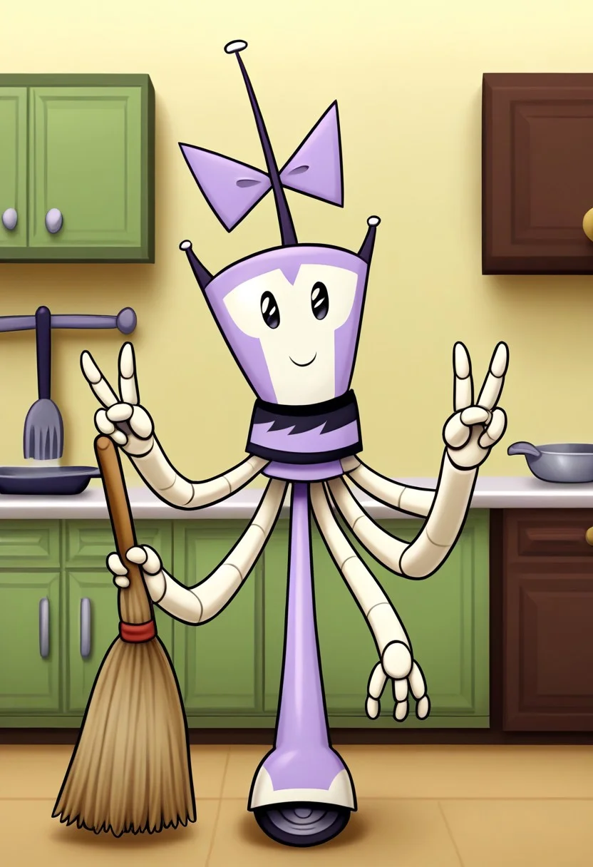 XJ-4_(MLAATR), 1girl, solo focus, female focus, robot, (four arms), purple bow, black and purple skirt, smile, black eyes, indoors, two fingers, full body, standing, double v, kitchen, antenna, looking at viewer, broom, holding broom,