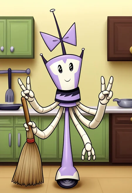 XJ-4_(MLAATR), 1girl, solo focus, female focus, robot, (four arms), purple bow, black and purple skirt, smile, black eyes, indoors, two fingers, full body, standing, double v, kitchen, antenna, looking at viewer, broom, holding broom,