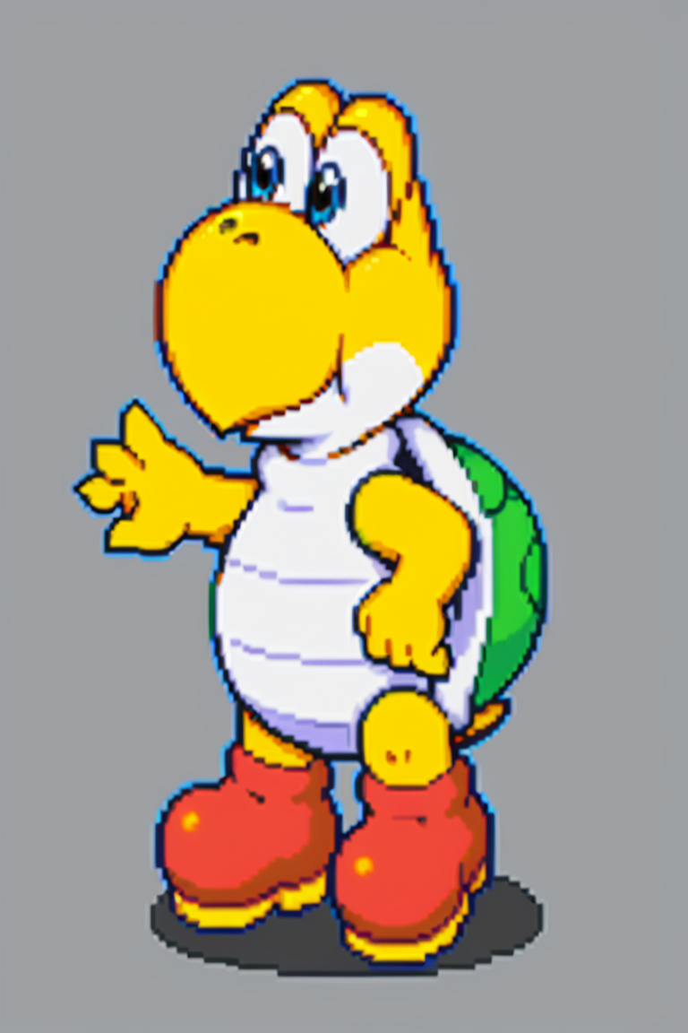 highres, high resolution, good quality, high quality,score_9, score_8, good anatomy, score_8_up, score_7_up, ((tetris attack style:1, pixel art:1, thick outlines:1, bold outlines:1)), furry, furry male, solo,standing , looking away, abstract background, smile,koopa_troopa,green_shell,red_shell, happy, closed mouth