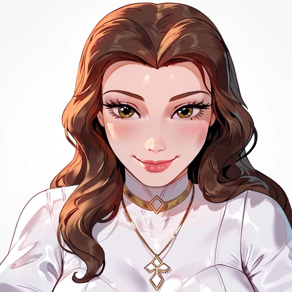SmoothQualityPony, masterpiece, DisneyBelle, 1girl, brown hair, brown eyes, long hair, large breasts, large ass, lemon0034, white bodysuit, latex bodysuit, gloves, necklace, choker, solo, Bust1, face focus, close up, looking at viewer, horny smile, bust portrait, face view, white background, simple background, 4k, masterpiece, best quality, highly detailed,