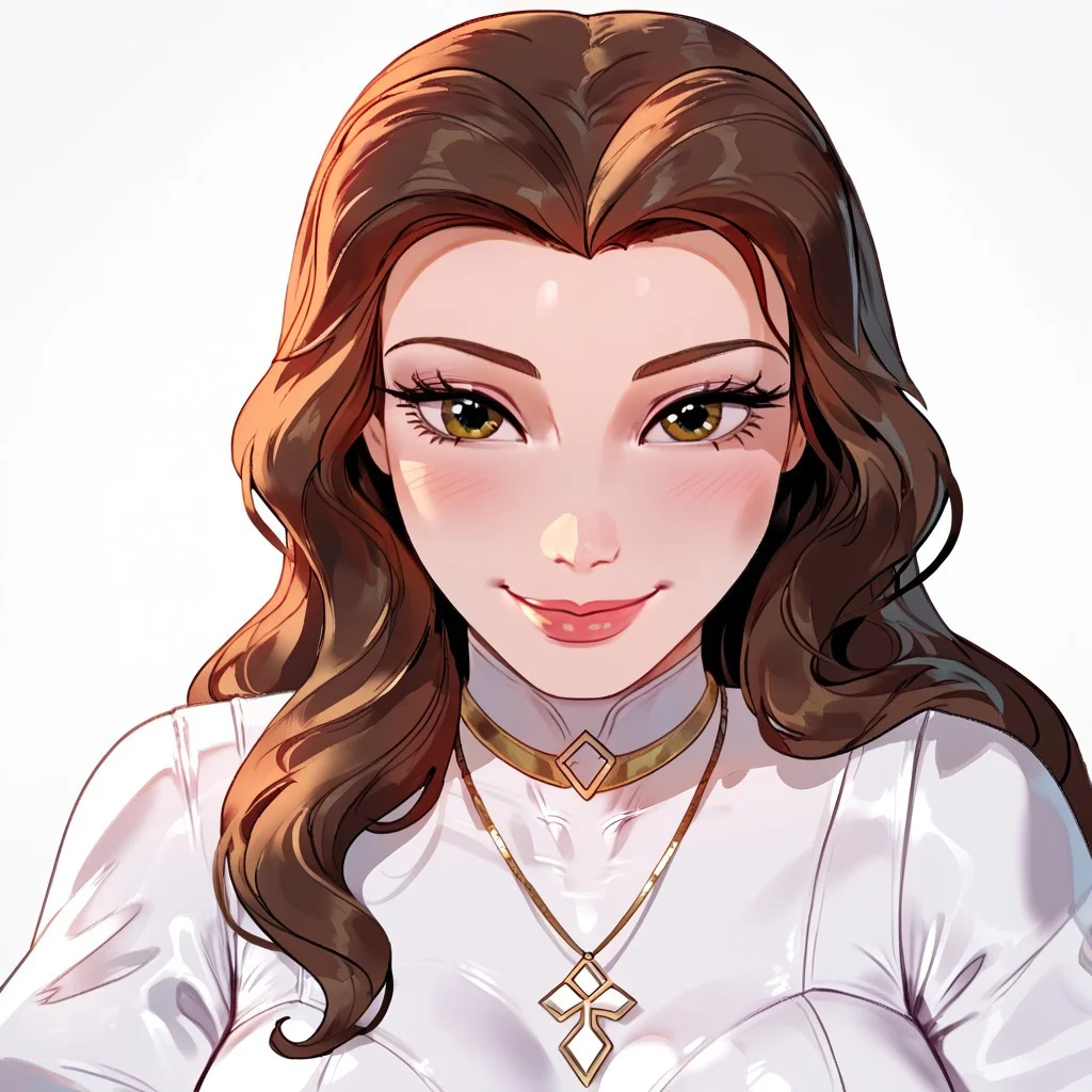 SmoothQualityPony, masterpiece, DisneyBelle, 1girl, brown hair, brown eyes, long hair, large breasts, large ass, lemon0034, white bodysuit, latex bodysuit, gloves, necklace, choker, solo, Bust1, face focus, close up, looking at viewer, horny smile, bust portrait, face view, white background, simple background, 4k, masterpiece, best quality, highly detailed,