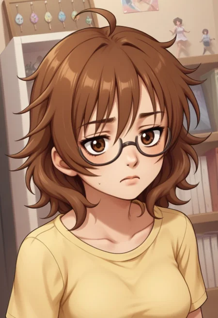 score_9, score_8_up, score_7_up, BREAK, source_anime, ARAKI HINA BROWN HAIR, MEDIUM HAIR, BROWN EYES, MESSY HAIR, BIG HAIR, FLIPPED HAIR, TIRED HAIR, AHOGE, JITOME, MEDIUM BREASTS, j0j0styl3