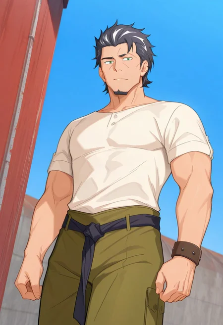 safe_pos, score_9, score_8_up, score_7_up, score_6_up, perfect anatomy, perfect proportions, best quality, masterpiece, high_resolution, high quality, aesthetic, absurdres, solo male, Kaburagi \(Deca Dence\), black hair, grey hair streak, multicolored hair, hair slicked back, facial hair, goatee, green eyes, sanpaku, constricted pupils, eyebrow slit, scar, white shirt, wide necked shirt, short-sleeved shirt, sleeves tucked up and buttoned, shirt tucked-in, olive work pants, wide pants, black tied belt, tied belt, left leather bracelet, brown boots, adult, mature, masculine, manly, handsome, charming, alluring, standing, upper body, dutch angle, cowboy shot, blue sky, day, rusty iron wall, ((view from below))<lora:EMS-411885-EMS:0.800000>