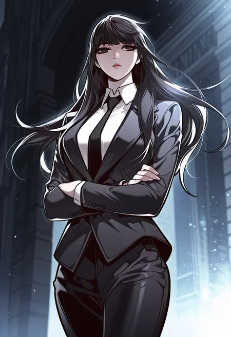 masterpiece, best quality, amazing quality, absurdres, highres,
jiyoungyoo,1girl, solo, long hair, black hair, bangs, black eyes,
outfit2, jacket, collared shirt, black necktie, shirt, pants, black pants, long sleeves, formal,
dim lighting, glowing theme, wind, sexy, outdoors, dim light, strong will, still, arms crossed under breasts, long legs, half closed eyes, pensive, light particles, half close up, looking away, side view