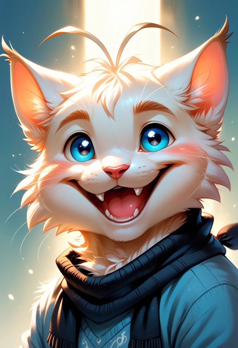score_9, score_8_up, score_7_up, source_furry, solo, adorable cat, male, anthropomorphic, partial body, close view, blue sweater, black scarf, insane, laughing maniacaly, pinpoint pupils, (white fur, blue eyes, antenna:1.4), (indirect lighting, dynamic lighting:1.4), Simple background, (detailed image, high resolution, 5k resolution:1.0), (las lindas art style:0.90), (chibi Art Style:0.80)
