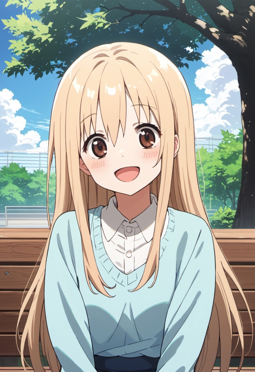 score_9, score_8_up, score_7_up, source_anime,umaru doma, 1girl, solo, long hair, blush, smile, open mouth, blonde hair, brown eyes, outdoors, sky, day, cloud, tree, bench