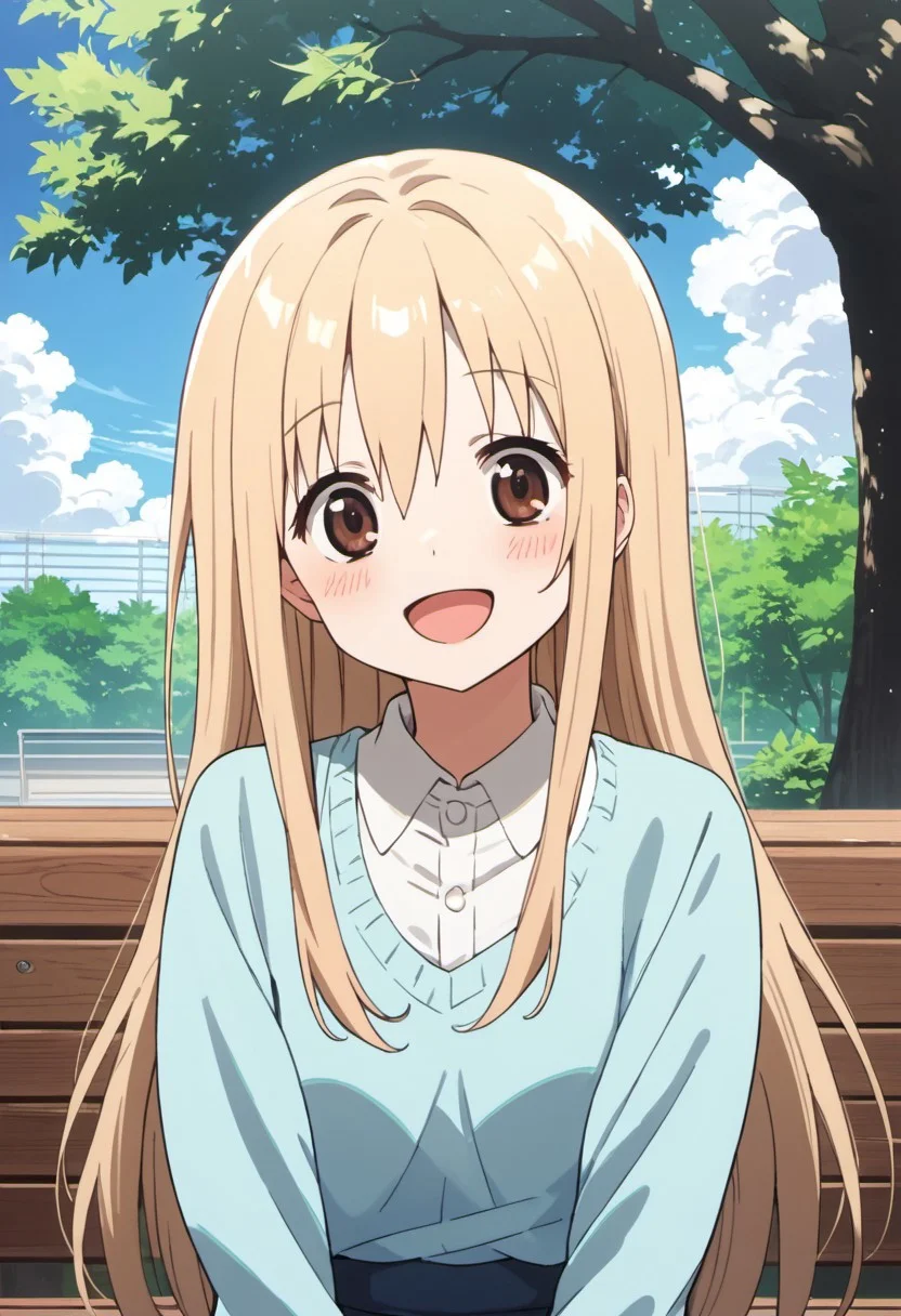 score_9, score_8_up, score_7_up, source_anime,umaru doma, 1girl, solo, long hair, blush, smile, open mouth, blonde hair, brown eyes, outdoors, sky, day, cloud, tree, bench