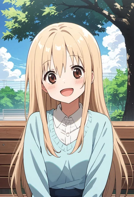 score_9, score_8_up, score_7_up, source_anime,umaru doma, 1girl, solo, long hair, blush, smile, open mouth, blonde hair, brown eyes, outdoors, sky, day, cloud, tree, bench