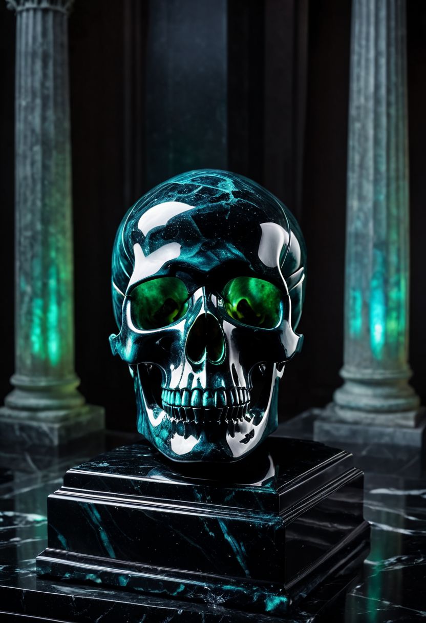 Fujifilm XT3, Sony A7 IV, (award winning photography) a black marble skull made of opal set on a pedestal in temple, glistening. in the background beautiful pillars, divine (iridescent: 0.79), opalescent textures, volumetric light, ethereal, sparkling, studio photo, highly detailed, sharp focus (highest quality: 1.39) (highest coherency: 1.39) (award winning photography), highly detailed photography, (muted colors, cinematic, dim colors, soothing tones:1.2), vibrant, insanely detailed, hyperdetailed, (dark shot:1.2), (vsco:0.3), (intricate details:0.9), (hdr, hyperdetailed:1.2) (vignette), sss