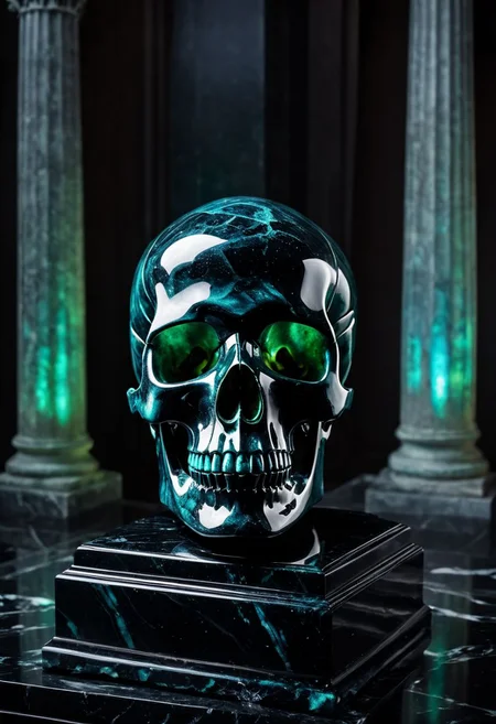 Fujifilm XT3, Sony A7 IV, (award winning photography) a black marble skull made of opal set on a pedestal in temple, glistening. in the background beautiful pillars, divine (iridescent: 0.79), opalescent textures, volumetric light, ethereal, sparkling, studio photo, highly detailed, sharp focus (highest quality: 1.39) (highest coherency: 1.39) (award winning photography), highly detailed photography, (muted colors, cinematic, dim colors, soothing tones:1.2), vibrant, insanely detailed, hyperdetailed, (dark shot:1.2), (vsco:0.3), (intricate details:0.9), (hdr, hyperdetailed:1.2) (vignette), sss