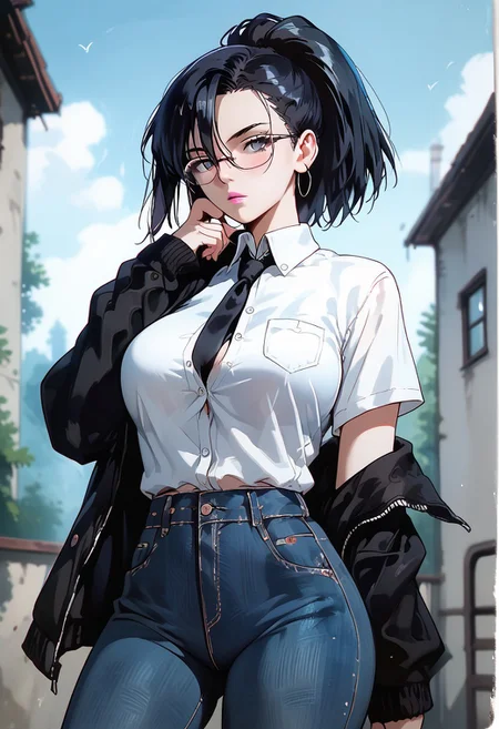 (score_9, score_8_up, score_7_up), melkor_style,
score_9, score_8_up, score_7_up, score_6_up, score_5_up, score_4_up, source_anime, high detailed, high quality, masterpiece, source_anime, high detailed, high quality, masterpiece, 1 girl, 1 boy, couple, romantic couple, straight, hetero, heterosexual, (1 boy, black eyes, black hair, hair between eyes, short hair, school uniform, frame glasses, button down shirt, tie, jacket, houdie, open jacket, blue eyes, jeans), (1 girl, yaoyorozu momo, long hair, bangs, black hair, ponytail, black eyes, high ponytail, wide ponytail, pink lips, big breasts, school uniform, button down shirt, cleavage, pleated skirt, pantyhose), looking at viewer, low angle, background room, cowboy shot, anime screencap, watercolor \(medium\), traditional media, neon.