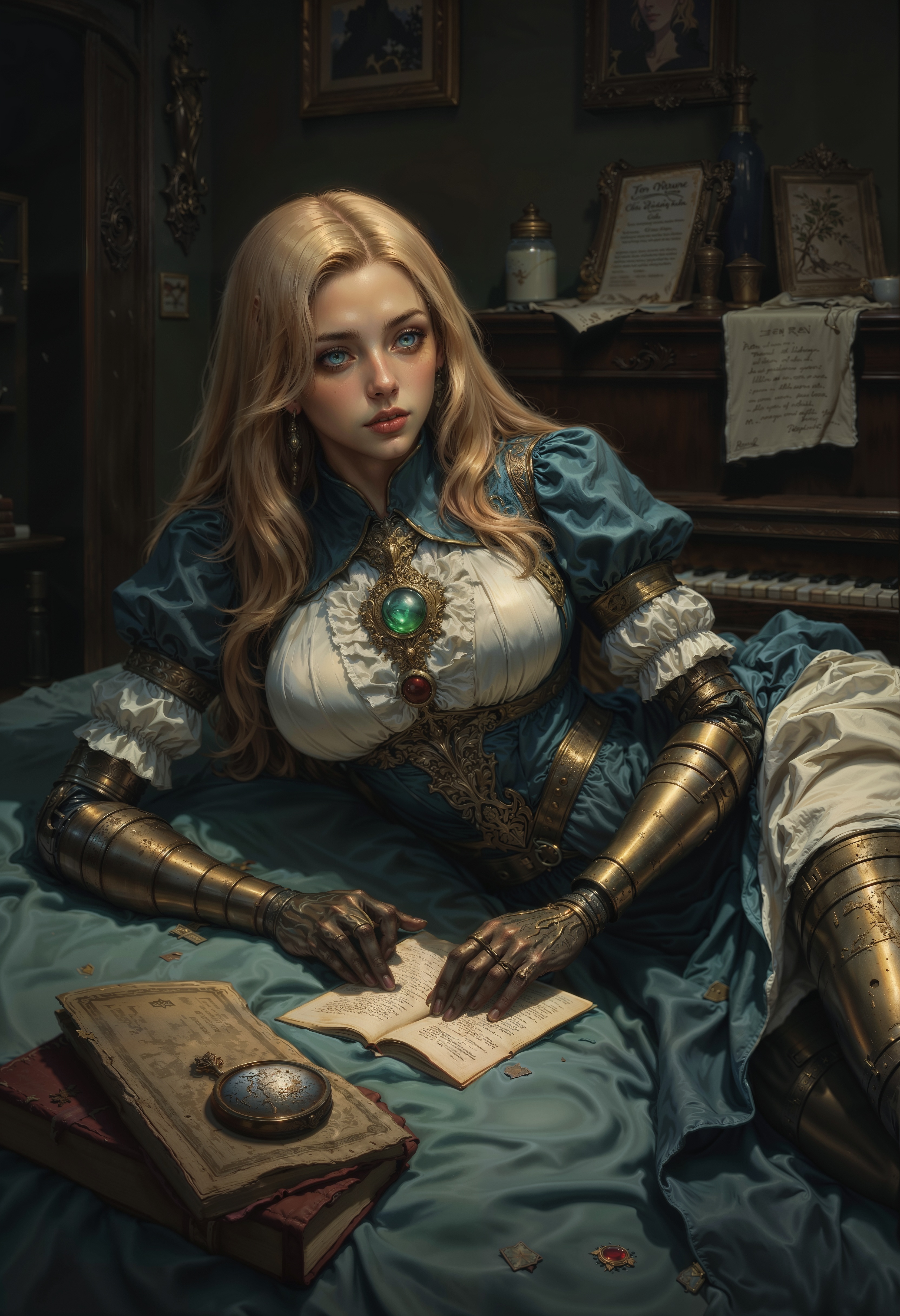 a digital illustration featuring a young woman with long, blonde hair and fair skin, lying on a bed. She has striking blue eyes and is wearing a blue and white dress with a detailed, ruffled design. Her right arm is a metallic prosthetic, intricately designed with a golden hue. The woman is holding a letter with a red wax seal, and a green gemstone pendant rests on her chest. The setting is a dimly lit room with a vintage aesthetic, including a dark wooden bed frame and a piano in the background. The overall atmosphere is serene and contemplative, with soft shadows and warm lighting enhancing the intimate mood of the scene.