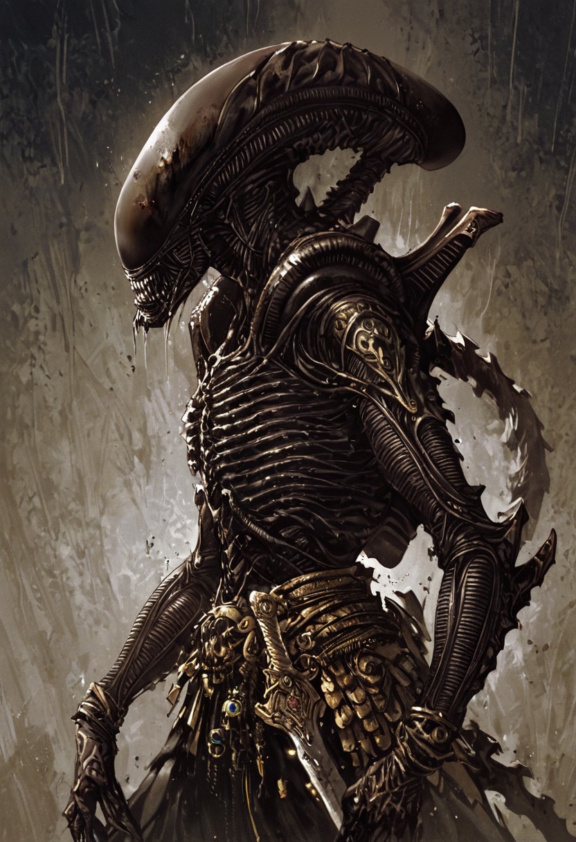 score_9, score_8_up, score_7_up, score_6_up, score_5_up, score_4_up,<lora:Fant5yP0ny:0.8>, xenomorphic creature from Lords of the Fallen, black templar armor, gold sword of Pieta, solo, gold eyes, blood on face, art by hr giger,