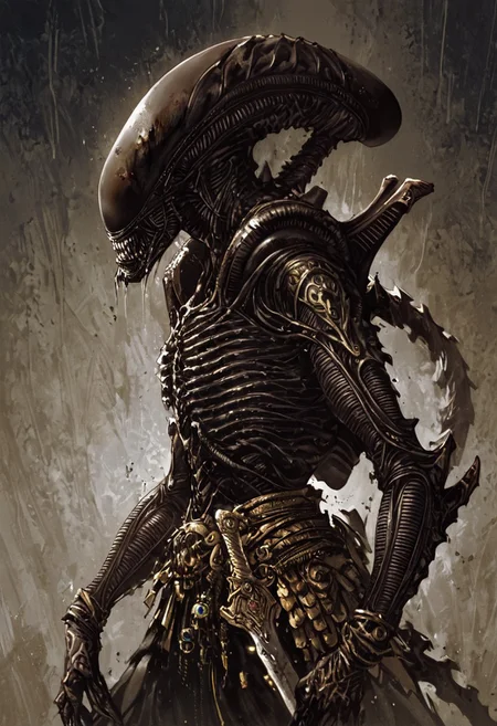 score_9, score_8_up, score_7_up, score_6_up, score_5_up, score_4_up,<lora:Fant5yP0ny:0.8>, xenomorphic creature from Lords of the Fallen, black templar armor, gold sword of Pieta, solo, gold eyes, blood on face, art by hr giger,