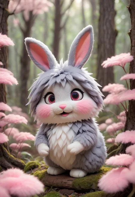 source_anime, Cute wonderful creatures, Microphotography, chibi, cute fluffy rabbits ,pink and grey, in a dreamy forest, ispzxll, In a felt puppet world style,