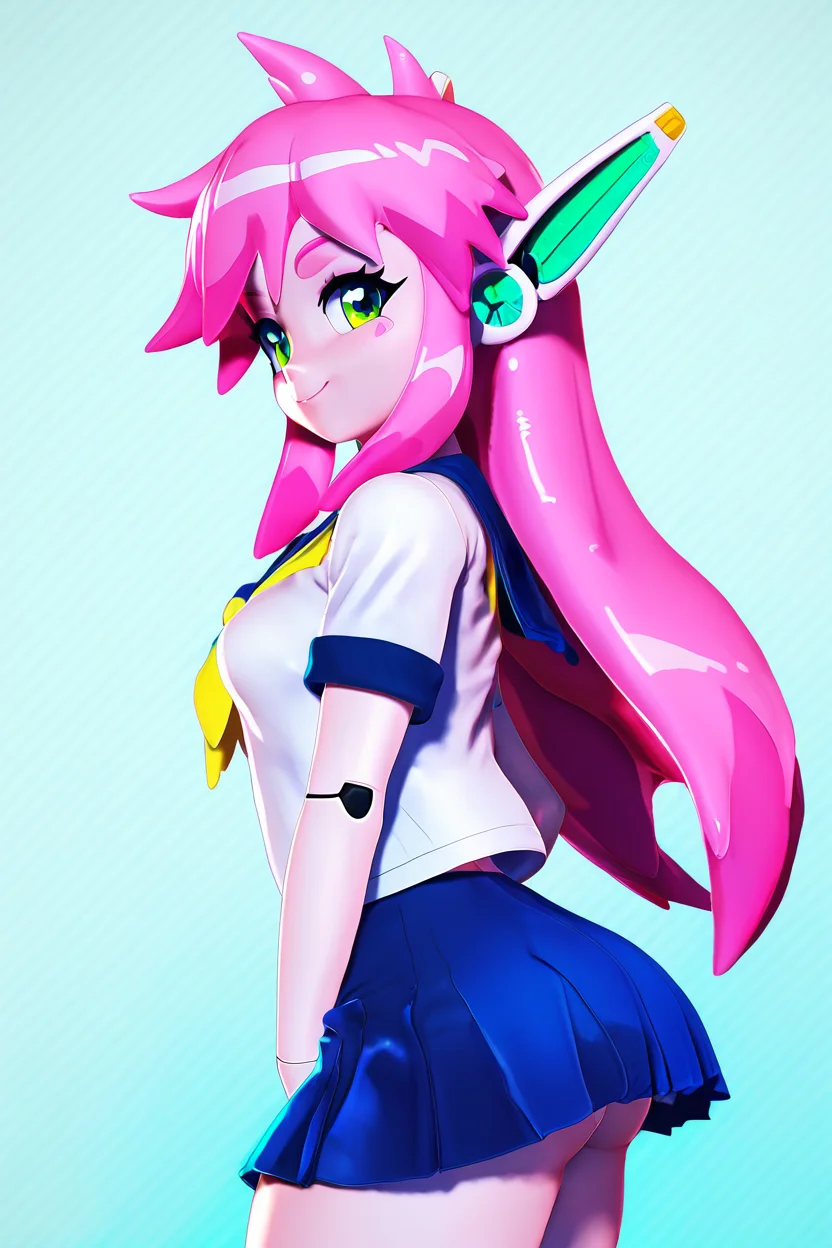 score_9, score_8_up, score_8, medium breasts, (curvy), cute, eyelashes,       BREAK, , zzNukuNuku, green eyes, pink hair, long hair, robot ears, school uniform, serafuku, blue skirt, white shirt, <lora:NukuNuku_PDXL:0.8>, , BREAK, smile, looking at viewer, cowboy shot, side view, ass,  embedding:zPDXL, Expressiveh, <lora:Zy0n7_PDXL:1.0>,  <lora:SDXLFaeTastic2400:0.5>,  <lora:Expressive_H-000001:0.4>,