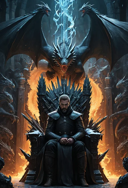 very long shot, (dragon:1.3), 1man, dragon standing behind man, old man with a black hood, black robe , sitting on a throne, throne of swords, thousand swords throne, Game of Thrones, dragon looming over, epic fantasy character art, concept art, fantasy art, (ice swirling:1.3), (fire swirling), ((best quality)), ((masterpiece)), detailed soft oil painting, detailed background, dramatic cinematic lighting, soft edge lighting, professional, ultra quality, 4k, extremely detailed, Game of Thrones style