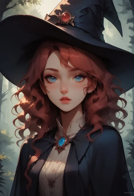 score_9, score_8_up, score_7_up, detailed, 1girl, Ianmae, blue eyes, medium hair, witch hat, black robes, long sleeves, long gloves, forest, volumetric lighting