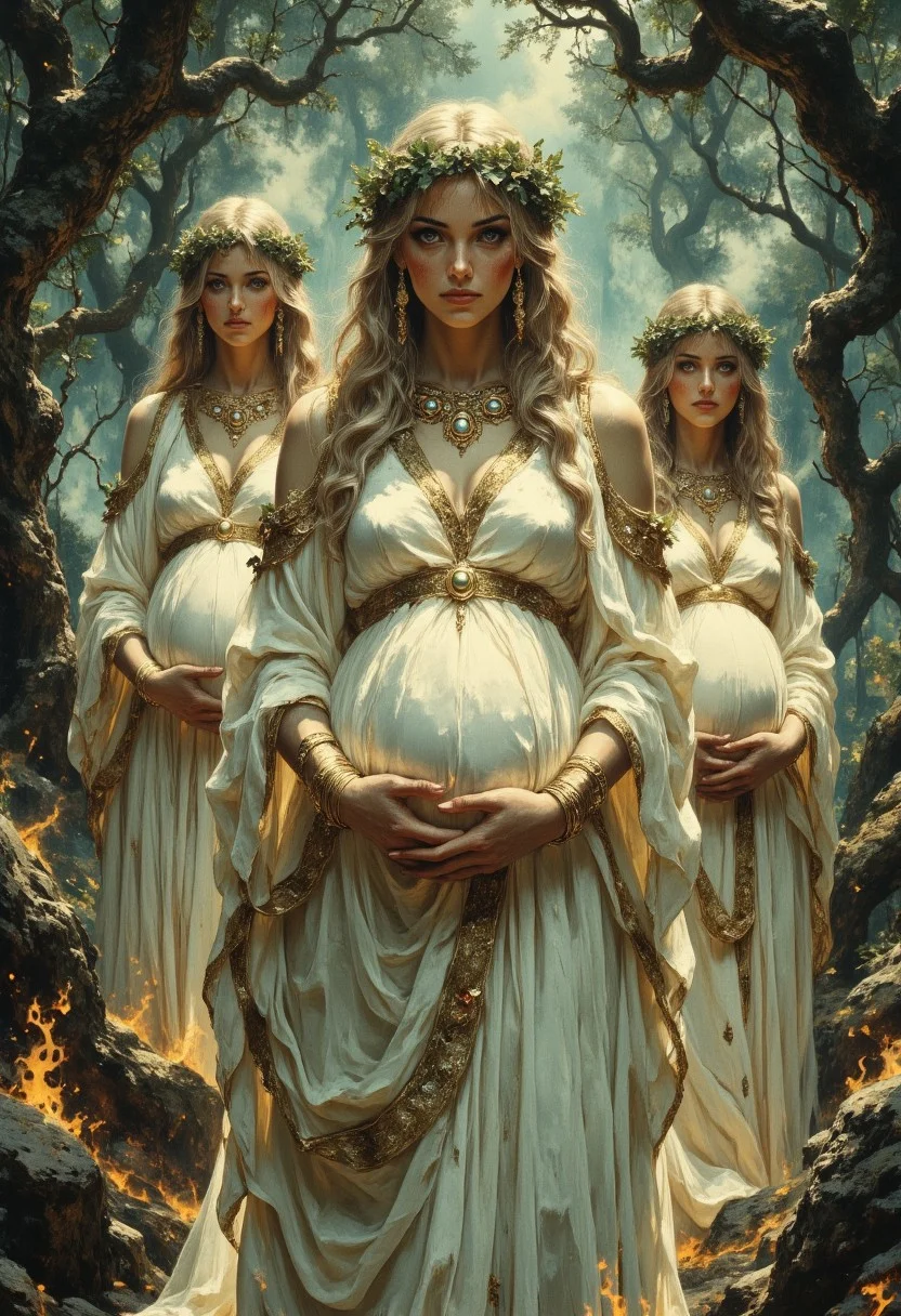 Three women stand in a misty ancient forest, surrounded by towering trees with twisted branches. The central figure has long, golden curls cascading over her shoulders. She wears an ornate crown of gilded ivy leaves intertwined with green foliage. Her piercing green eyes catch the glow of golden orbs suspended from an intricate necklace. The orbs emit a soft light, illuminating the delicate folds of her flowing ivory gown, which drapes around her in layered fabric embroidered with fine golden trim. Behind her, there are two pregnant women stand at different depths, partially obscured by the mist. Their wavy hair is crowned with ivy-adorned headpieces. They wear matching ivory gowns with embroidered edges. Their gazes are directed slightly outward, their expressions neutral. The forest is dense with ancient trees, their gnarled roots exposed above the mist-covered ground. Golden embers drift in the air, contrasting against the deep green foliage. A soft, low-hanging fog blankets the earth, partially veiling moss-covered rocks and fallen leaves. Flickering flames at the edges cast warm highlights across the undergrowth without spreading. The light reflects off the women's jewelry—dangling earrings, golden chains, and gemstone pendants—creating a contrast of light and shadow. The dense forest fades into a hazy blur. The soft diffusion of mist and dim light filters through the canopy. The three women remain the central focus, standing in stark contrast to shadowed surroundings.