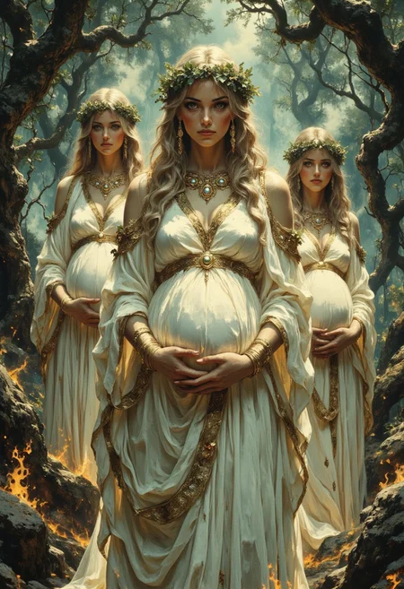 Three women stand in a misty ancient forest, surrounded by towering trees with twisted branches. The central figure has long, golden curls cascading over her shoulders. She wears an ornate crown of gilded ivy leaves intertwined with green foliage. Her piercing green eyes catch the glow of golden orbs suspended from an intricate necklace. The orbs emit a soft light, illuminating the delicate folds of her flowing ivory gown, which drapes around her in layered fabric embroidered with fine golden trim. Behind her, there are two pregnant women stand at different depths, partially obscured by the mist. Their wavy hair is crowned with ivy-adorned headpieces. They wear matching ivory gowns with embroidered edges. Their gazes are directed slightly outward, their expressions neutral. The forest is dense with ancient trees, their gnarled roots exposed above the mist-covered ground. Golden embers drift in the air, contrasting against the deep green foliage. A soft, low-hanging fog blankets the earth, partially veiling moss-covered rocks and fallen leaves. Flickering flames at the edges cast warm highlights across the undergrowth without spreading. The light reflects off the women's jewelry—dangling earrings, golden chains, and gemstone pendants—creating a contrast of light and shadow. The dense forest fades into a hazy blur. The soft diffusion of mist and dim light filters through the canopy. The three women remain the central focus, standing in stark contrast to shadowed surroundings.